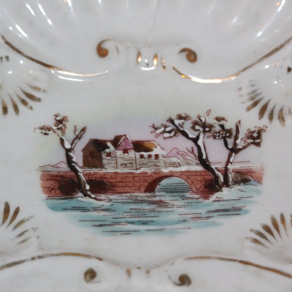 Vintage LARGE Hand Painted Console Bowl Scenic Pink & White Measures 13 x 9 x 3 - Picture 2 of 5